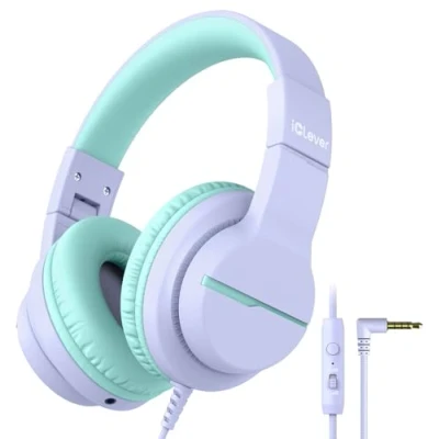 Immagine di iClever HS19 Cuffie per Bambini Sopra l&#039;Orecchio, Stereo HD con Microfono, Limitatore di Volume 85/94dB, Funzione Condivisione, Pieghevoli Scuola/PC/Kindle