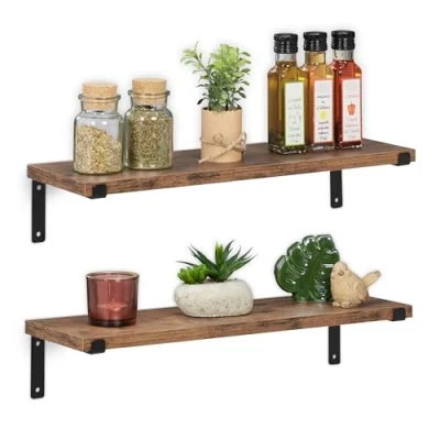 Immagine di Relaxdays Mensole da Muro, Set 2 Ripiani Sospesi, LxP: 48 x 15,5 cm, Scaffale, Libreria Design Industrial, Marrone Nero