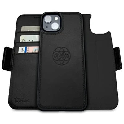Immagine di dreem Fibonacci compatibile con iPhone 14 custodia a portafoglio/custodia antiurto 2 in 1 e folio pelle vegana staccabile, MagSafe, protezione RFID [Nero]