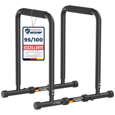 Immagine di DH FitLife Dip Parallele Calisthenics Robuste, Stabili e Versatili per Allenamento a Casa Station Regolabile in Tre Altezze (80/90/100 cm), Ideale Dip, Push Up Sviluppo Forza