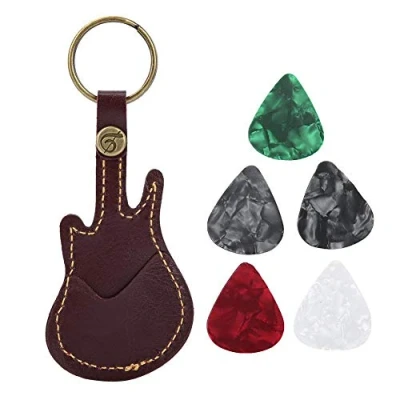 Immagine di Bnineteenteam Custodia per plettro Chitarra a Forma di in Pelle PU con 5 Pezzi Colorati chitarristi(Marrone)