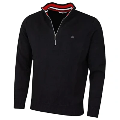 Immagine di Calvin Klein Maglione da uomo 2025 in cotone lavorato a maglia con mezza zip, Nero/Rosso, 4XL