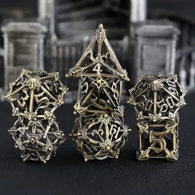 Immagine di Dadi Set D&amp;D Metallo 7 pezzi D4 D6 D8 D10 D12 D20 D% Fiore Bronzo Cavo Poliedrici per Dungeons and Dragons Pathfinder Warhammer Giochi da Tavolo RPG MTG