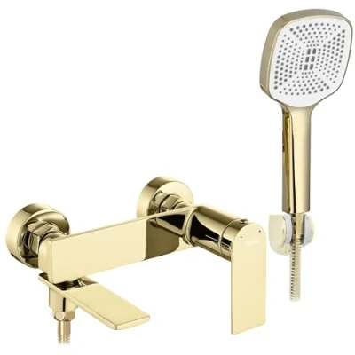 Immagine di Rea RUBINETTO Vasca STORM GOLD Miscelatore con Doccia in Ottone per Bagno Caldo e Freddo regolabile (Oro)