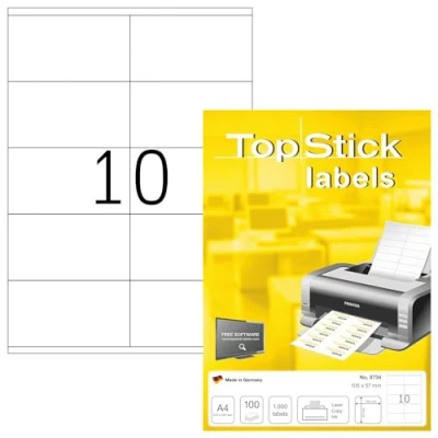 Immagine di TopStick etichette multiuso autoadesive, 10 per foglio A4, 100 fogli, 105 x 57 mm, 1000 etichette, adesive universali vuote, stampanti laser e inkjet, bianco