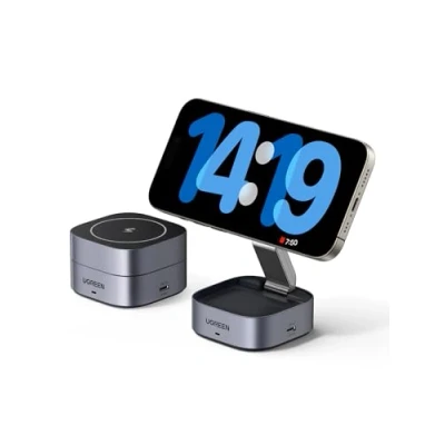 Immagine di UGREEN MagFlow Caricatore Wireless, Stazione di Ricarica 2 in 1 per Cuffie, Magsafe Compatibile con iPhone serie 16/15/14/13/12, AirPods PRO 2, 3