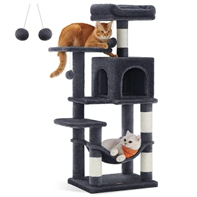 Immagine di Feandrea Albero per Gatti Alto 112 cm, Tiragraffi Gatti, con 4 Pali Graffiatoi, 2 Posatoi, 1 Grotta, Amaca, Pompon, in Peluche a Più Livelli, Grigio Fumo PCT261G01