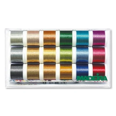 Immagine di Madeira Filo Metallico Liscio Glamour Cucito a Mano e Macchina, per Ricamo, Estremamente Flessibile Resistente 18 x 200 m, Colori Assortiti