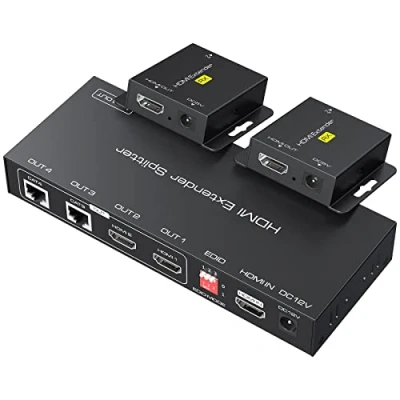 Immagine di VPFET HDMI Extender Splitter su Cat5e/6 165ft 1 In 2 Out 1X2 Port Transmission Aggiungi due loop Balun Ethernet Supporta 1080p HDCP EDID POC Un alimentatore per lavorare.
