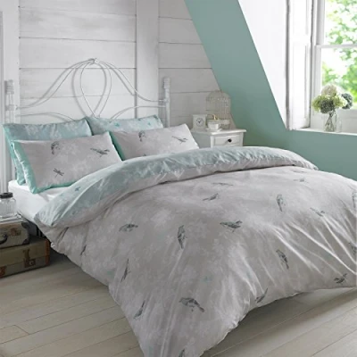 Immagine di Dreamscene Luxurious Vintage Birds Set Copripiumino con federa, in poliestere/cotone, azzurro, Doppio