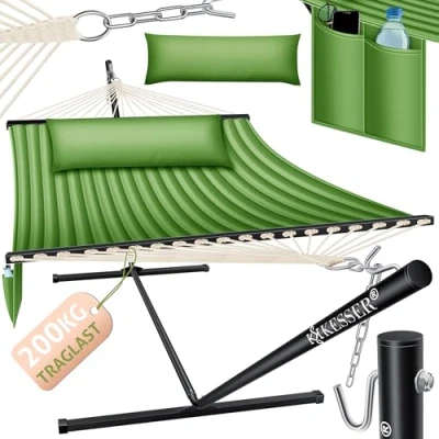 Immagine di KESSER® Amaca con telaio e cuscino, doppia per 2 Persone, Portata 200 kg, Interno ed esterno, XXL, Sedia sospesa, Giardino, Piscina, Balcone, Terrazza Khaki