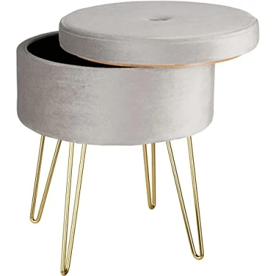 Immagine di TecTake 800831 Sgabello Rotondo in Effetto Velluto, Grande Scomparto Interno, Gambe Color Oro Filigrana Scintillante, Capacità Massima di Carico 300 kg (Grigio Chiaro)