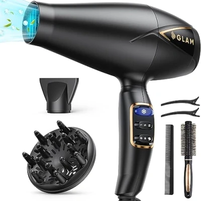Immagine di GLAM asciugacapelli professionale, 2300 W, potente motore AC ad asciugatura rapida, agli ioni a 2 velocità, 3 riscaldatori, pulsante Cool Shot con 1 diffusore e