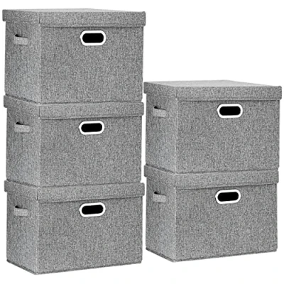 Immagine di TYEERS Grandi Scatole Portaoggetti, in Tessuto, Pieghevole, con Coperchio, 44x30x29 cm, Set di 5, Grigio