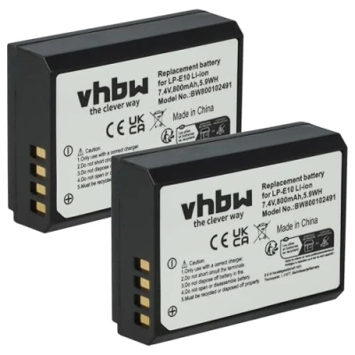 Immagine di vhbw 2x batteria compatibile con Canon EOS 2000D, 4000D fotocamera digitale DSLR (800mAh, 7,2V, Li Ion) Sostituisce LP E10