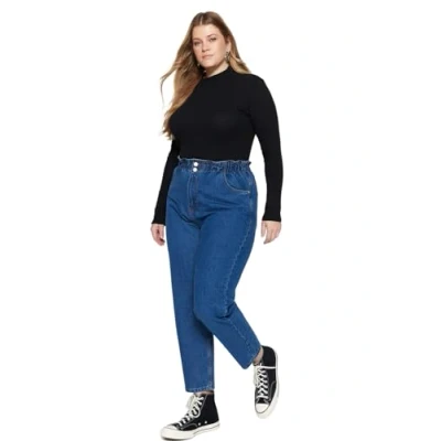 Immagine di Trendyol Donne Plus Size Vita Alta Gamba Dritta Jeans, Blu, 44, Blu