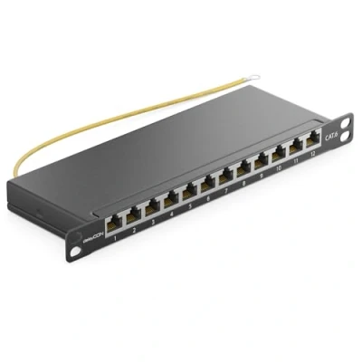 Immagine di deleyCON Patch Panel 0,5 Unità Cat 6 Mini 12 Porte Desktop Montaggio a Rack 10 Pollici Server RJ45 Schermato TIA568A TIA568B Nero