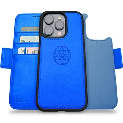 Immagine di dreem Fibonacci compatibile con iPhone 14 Pro custodia a portafoglio/custodia antiurto 2 in 1 e folio pelle vegana staccabile, MagSafe, protezione RFID [Oceano]