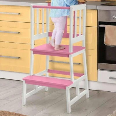 Immagine di COSYLAND Torre Montessoriana in Bambù Bambini Torretta Certificazione CPC di Apprendimento (Bianco + Rosa)