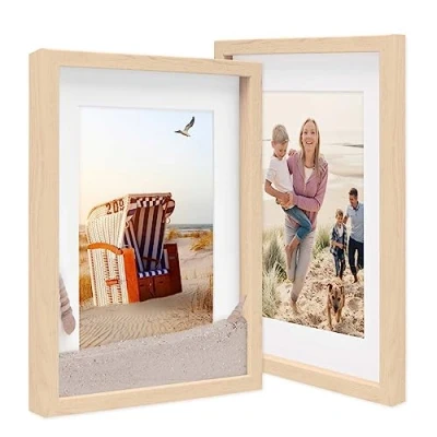 Immagine di PHOTOLINI 3D cornici 30x40 cm naturale, cornice profonda con vetro e passe partout, set di 2 per oggetti fino a 1,5 profondità, legno MDF perfetta il fai da te come regalo