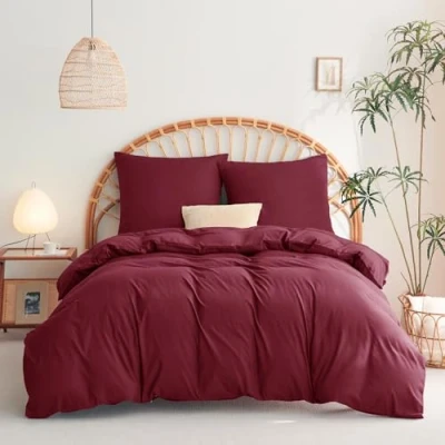 Immagine di WAVVE biancheria da letto 155 x 220 cm, 3 pezzi, rosso vinaccia, copripiumino set 2 federe 80 di in microfibra con chiusura lampo,