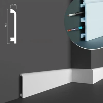 Immagine di Battiscopa da 2 metri, misure 7,8 x 1,3 cm, zoccolino in duropolimero hdps (più resistente del pvc e legno) bianco pitturabile, non fa muffa, con spazio per passaggio cavi HCR519