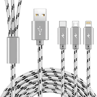 Immagine di ASICEN Multi Cavo di Ricarica, [3A 3M] 3 in 1 Multiplo Cavetto con iP/Micro USB/Tipo C Nylon Intrecciato Ricarica USB per iPhone 15/14/13/Android Galaxy S21/S20/S10/LG/HTC/Tablets Grigio
