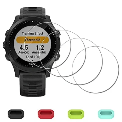Immagine di iDaPro vetro Temperato Applicabile per Garmin Forerunner 945 Pellicola + Caricatore Port Protector Silicone Tappi, protezione protettivo Durezza 9H Tempered Glass Screen [4 pezzi]