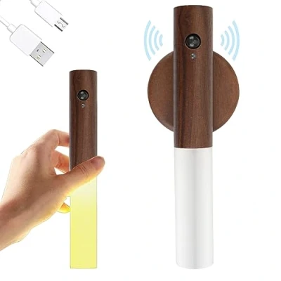 Immagine di Applique in Legno, luce Notturna per Interni con Sensore di Movimento, da Parete a Batteria Wireless Ricaricabile Magnetica Interruttore Camera Letto, Corridoio, Scala (Noce 1pz)