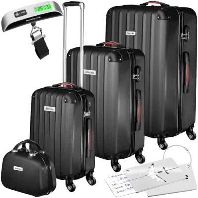 Immagine di TecTake® Set di valigie rigide Cleo, 4 pezzi, Trolley M, L e XL, Beauty Case Impilabile, Rotelle Girevoli a 360, Maniglia Telescopica Regolabile, Bilancia, Combinazione 3 Cifre Nero