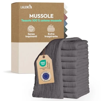 Immagine di Laleni Mussole Neonato Cotone 70x70cm In Set Di 10 Quadrotti Per Pelli Sensibili Asciugamani Extra Morbidi E Assorbenti Lavette Quadrati Grigio