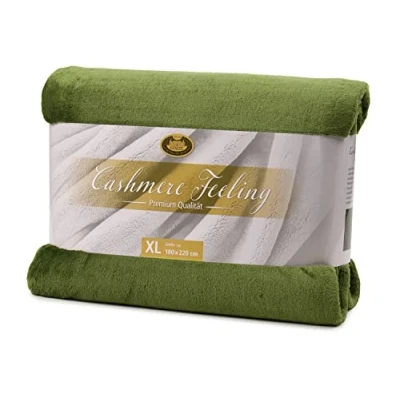Immagine di Gözze Morbida Coperta Premium, Sensazione Cashmere, Microfibra, 180 x 220 cm Verde scuro