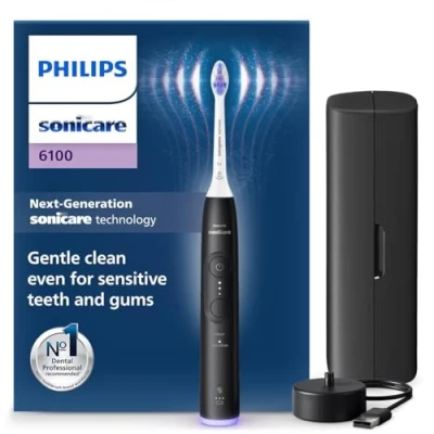 Immagine di Philips Sonicare 6100, spazzolino elettrico sonico con 2 modalità di spazzolamento e 3 livelli intensità, avviso pressione, EasyStart, SmarTimer, nero, modello HX7401/07 [Nuova tecnologia]