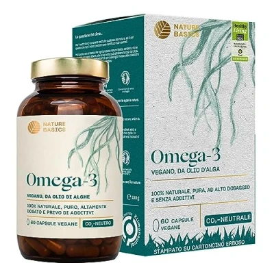 Immagine di Nature Basics® Olio di Alghe Omega 3 vegano 60 capsule altamente dosate in barattolo puro non trasformato certificato sostenibile e CO2 neutrale Per capsula naturale 455 mg con 30% DHA 15% EPA