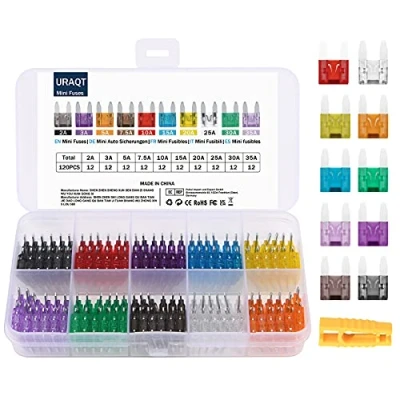 Immagine di URAQT Mini Fusibili Auto, 120 Pezzi Auto Kit, 10 Specifiche (2A 3A 5A 7.5A 10A 15A 20A 25A 30A 35A), Standard con Estrattore, per Barche, Moto