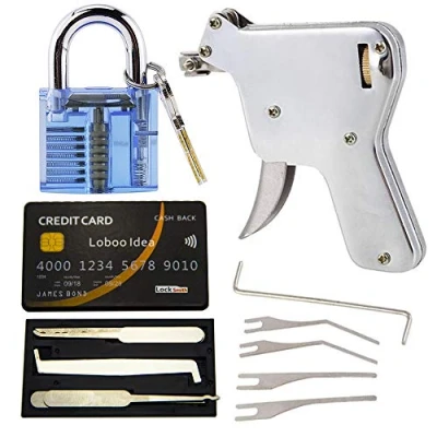 Immagine di Loboo Idea Pistola grimaldello con carta di credito e lucchetto blu per apriserratura (UP)