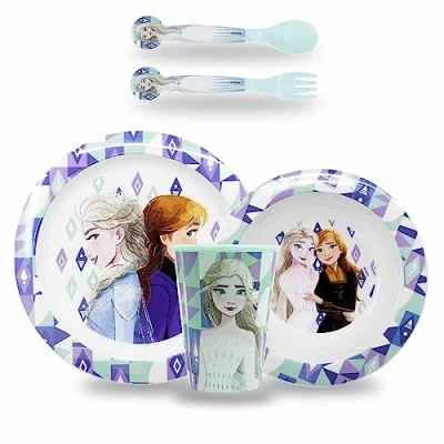 Immagine di Sorrisini Set Stoviglie Bambini Piatti per asilo, scoula Pappa Bimbo piatto, ciotola, posate, bicchiere Svezzamento Prima in plastica dura riutilizzabile Frozen