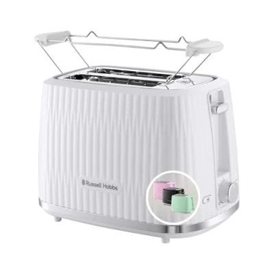 Immagine di Russell Hobbs 27370 56 Tostapane 2 Fette, 6 Gradi di Doratura, con Pinze, Scongela, Riscalda, Cancella Selezione, Vassoio Raccogli Briciole, Riscalda Panini Incluso, Esterno Testurizzato, Eden Bianco