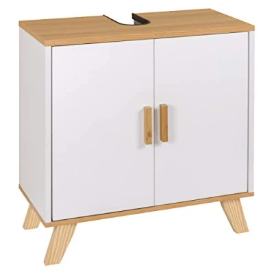 Immagine di eSituro Armadietto Sottolavabo da Bagno Cucina Mobile a Terra con 2 Ante in Legno Bianco Maniglie Bambù Mobiletto Sotto il Lavello Ripiano Interno Regolabile SBP0026