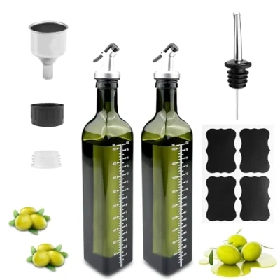 Immagine di Gvolatee 2PCS oliera salvagoccia 500ml, dispenser olio d&#039;Oliva e Aceto con beccuccio, Imbuto in Acciaio Inossidabile, etichette, dosatore olio, verde scuro bottiglie vetro per Cucina, BBQ, insalate