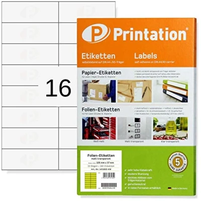 Immagine di Printation etichette trasparenti opache, 105 x 37 mm, 16 autoadesive per foglio, 10 fogli DIN A4, 2 8 160, impermeabili, 37, stampabili con stampante laser