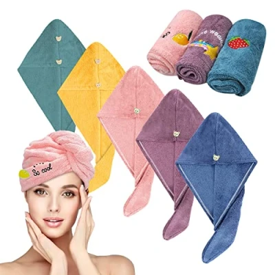 Immagine di Sporgo 5 pezzi turbante per capelli, asciugamano con bottone, in microfibra, super assorbente, ad asciugatura rapida, donne, bambini, tutti i tipi di capelli