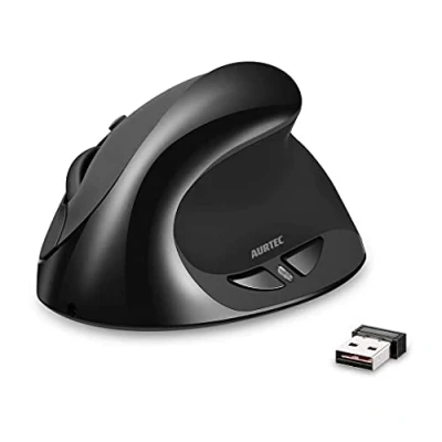 Immagine di AURTEC Mouse Verticale, Ergonomico Wireless Ricaricabile 2.4G con Ricevitore USB, 6 Pulsanti e 3 DPI Regolabile 800/1200/1600, Nero