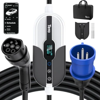 Immagine di Tera Smart EV Cargador portátil 7,6 kW Tipo 2 Solo para Uso en Interiores CE&amp;TüV 16 32A&amp;App WLAN Bluetooth o montado la Pared Cable 7 Metros Enchufe monofásico CEE Blanco