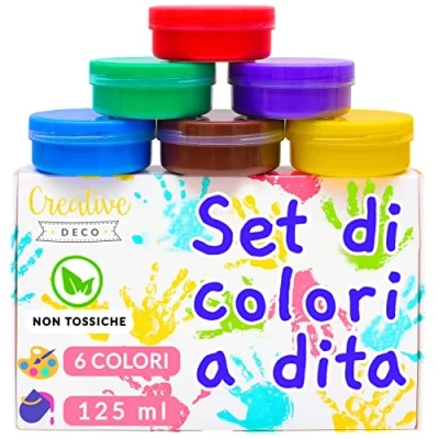 Immagine di Creative Deco Colori a Dita, Tempere Lavabili per Bambini Kit Pittura 6 x 125 ml Contenitori Intensi Set Dipingere Atossici e Sicuri Finger Paint Base d&#039;Acqua
