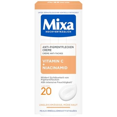 Immagine di Mixa Crema antipigmento, per pelli irregolari, sensibili e con vitamina C niacinamide, adatto viso collo, SPF 20, ipoallergenico, 50 ml