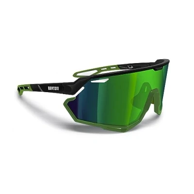Immagine di Bertoni Occhiali Sportivi Ciclismo MTB Running per Uomo Donna in TR90 100% Protezione UV mod. ALPHA (Nero Lucido/Verde Opaco Lente Specchiata Verde)