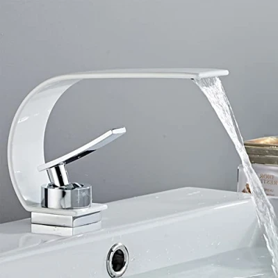 Immagine di FW Rubinetto Bagno Cascata, Elegant Bianco Miscelatore Monocomando Lavabo Moderno Ottone Lavabo, Regolazione A Caldo E Freddo Bidet, Valvola in Ceramica