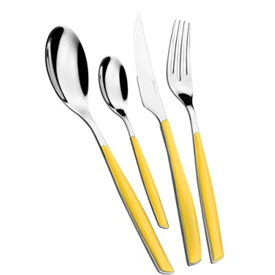 Immagine di BUGATTI, Glamour, Set Posate 24 Pezzi in Acciaio Inox 18/10 e Manico Colore Giallo. 6 Persone Composto da cucchiai, forchette, coltelli cucchiaini caffè