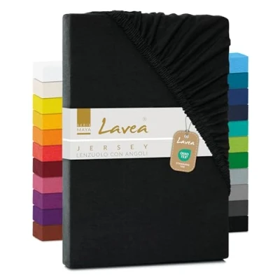 Immagine di Lavea® Lenzuolo con Angoli Una Piazza e Mezza 120x200 cm 100% Cotone Morbido Traspirante per Materassi alti fino a 20 Elastico in Jersey Nero